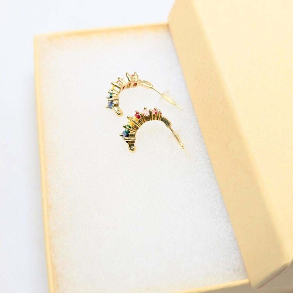 Golden Rainbow Rhinestone Gem Multicolor CZ Gold Plated Small Earrings - Picture 4 of 8